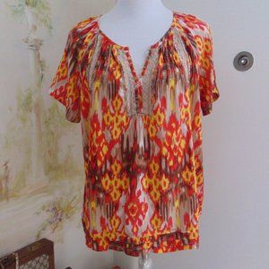 Khakis & Co. Women's Shirt Large Red & Yellow Geometric Beaded Neckline